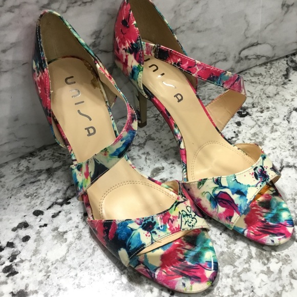 Unisa Women's Floral Patent Open Toe Pumps Heels - Picture 7 of 13
